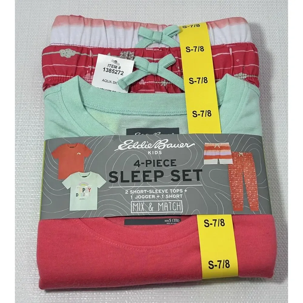 Eddie Bauer Kids‎ 4 Piece Sleep Set Pajama Small 7/8 Girls Aqua Sky